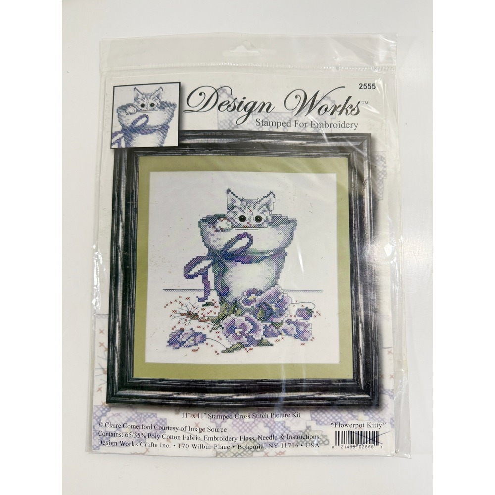 Design Works Stamped Cross Stitch Kit Unisex 11x11 White Flowerpot Kitty 2555